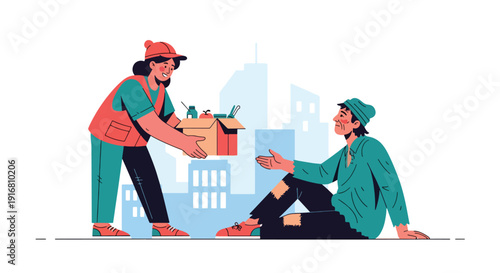 Modern vector illustration of volunteer giving food box to homeless person on city street, community charity support and humanitarian care concept highlighting poverty and social awareness