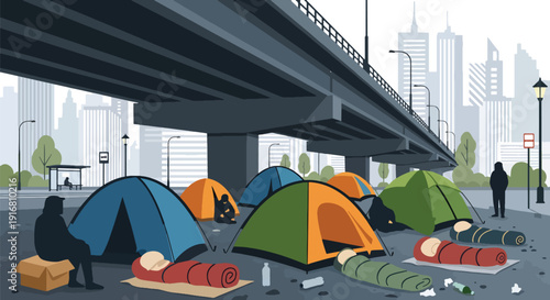 Modern vector illustration of homeless tents and temporary shelters under city bridge, urban poverty and housing inequality concept representing social issues and street survival lifestyle