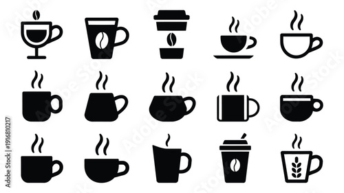 Coffee Cup And Mug Silhouette Collection, Minimal Black Silhouettes Of Espresso Cups And Mugs For Cafe Branding Beverage Design Hot Drink Icons And Trendy Coffee ware Artwork.