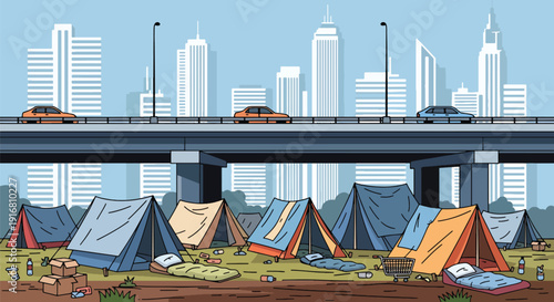Modern vector illustration of homeless tents and temporary shelters under city bridge, urban poverty and housing inequality concept representing social issues and street survival lifestyle