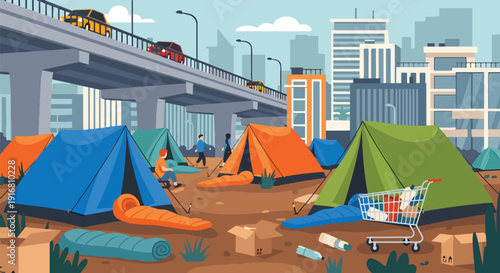Modern vector illustration of homeless tents and temporary shelters under city bridge, urban poverty and housing inequality concept representing social issues and street survival lifestyle