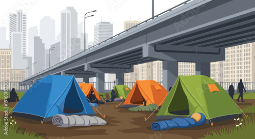 Modern vector illustration of homeless tents and temporary shelters under city bridge, urban poverty and housing inequality concept representing social issues and street survival lifestyle