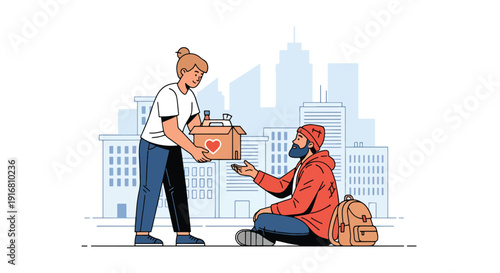 Modern vector illustration of volunteer giving food box to homeless person on city street, community charity support and humanitarian care concept highlighting poverty and social awareness