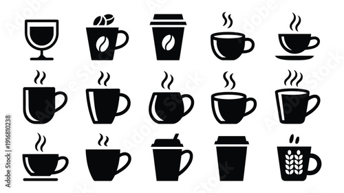 Coffee Cup And Mug Silhouette Collection, Modern Vector Illustration For Beverage Branding Cafe Menu Design Hot Drink Icons And Elegant Coffee ware Artwork Isolated On White Background.