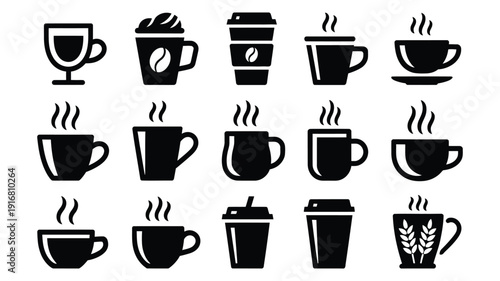 Coffee Cup And Mug Silhouette Collection, Vector Illustration Set For Beverage Design Cafe Branding Hot Drink Icons And Stylish Coffee ware Artwork In Clean Black And White.