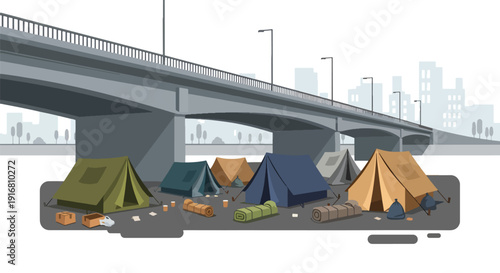 Modern vector illustration of homeless tents and temporary shelters under city bridge, urban poverty and housing inequality concept representing social issues and street survival lifestyle