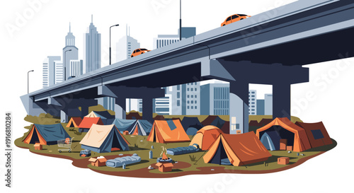 Modern vector illustration of homeless tents and temporary shelters under city bridge, urban poverty and housing inequality concept representing social issues and street survival lifestyle
