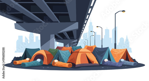 Modern vector illustration of homeless tents and temporary shelters under city bridge, urban poverty and housing inequality concept representing social issues and street survival lifestyle