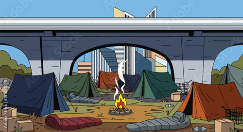 Modern vector illustration of homeless tents and temporary shelters under city bridge, urban poverty and housing inequality concept representing social issues and street survival lifestyle