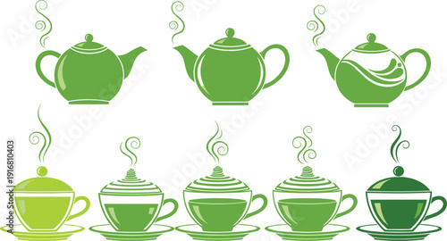 Green Teapot and Teacup Set with Steam Elegant Tea Ceremony Drink Icons Collection Isolated Vector Illustration Kitchen Beverage Design Elements
