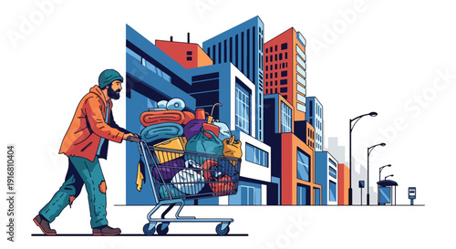 Modern vector illustration of homeless man pushing shopping cart with personal belongings through city street, urban poverty survival and economic hardship concept with social awareness theme