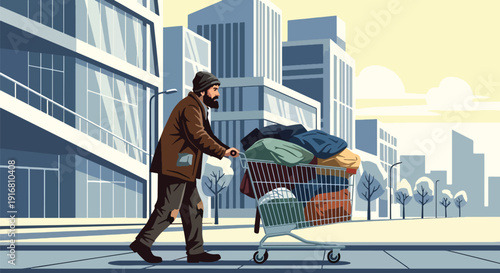 Modern vector illustration of homeless man pushing shopping cart with personal belongings through city street, urban poverty survival and economic hardship concept with social awareness theme