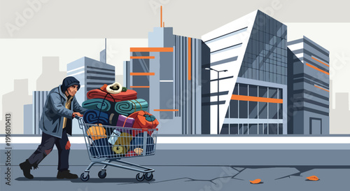 Modern vector illustration of homeless man pushing shopping cart with personal belongings through city street, urban poverty survival and economic hardship concept with social awareness theme