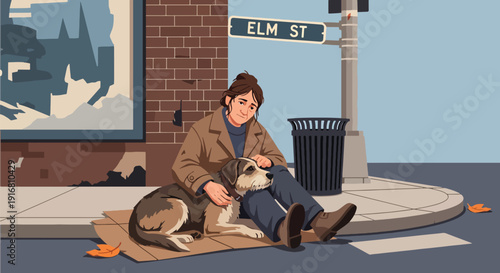 Modern vector illustration of homeless woman sitting on sidewalk with loyal dog companion, poverty survival and emotional support concept highlighting social awareness and hardship