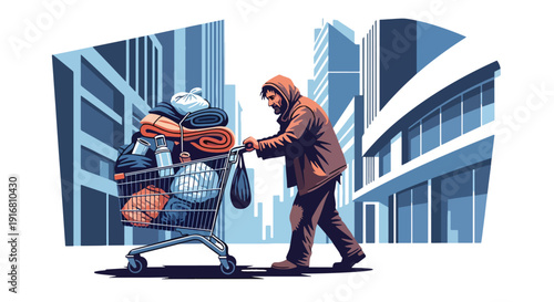 Modern vector illustration of homeless man pushing shopping cart with personal belongings through city street, urban poverty survival and economic hardship concept with social awareness theme