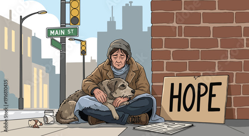 Modern vector illustration of homeless woman sitting on sidewalk with loyal dog companion, poverty survival and emotional support concept highlighting social awareness and hardship