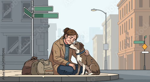 Modern vector illustration of homeless woman sitting on sidewalk with loyal dog companion, poverty survival and emotional support concept highlighting social awareness and hardship
