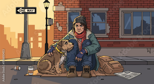 Modern vector illustration of homeless woman sitting on sidewalk with loyal dog companion, poverty survival and emotional support concept highlighting social awareness and hardship