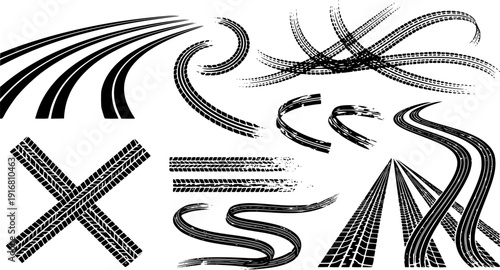 Tire tread marks after skidding, launch, drift, powerslide in motorsport, rally, off-road, motocross. Wheel texture with splash effect. Vector, transparent background EPS version.