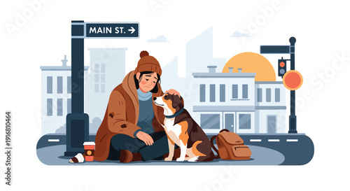 Modern vector illustration of homeless woman sitting on sidewalk with loyal dog companion, poverty survival and emotional support concept highlighting social awareness and hardship