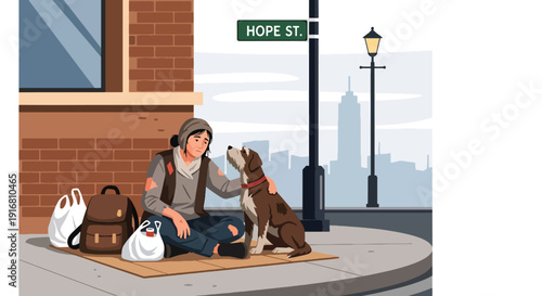 Modern vector illustration of homeless woman sitting on sidewalk with loyal dog companion, poverty survival and emotional support concept highlighting social awareness and hardship