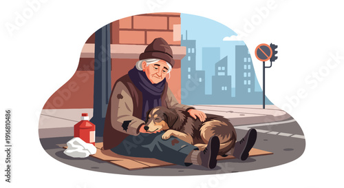 Modern vector illustration of homeless woman sitting on sidewalk with loyal dog companion, poverty survival and emotional support concept highlighting social awareness and hardship
