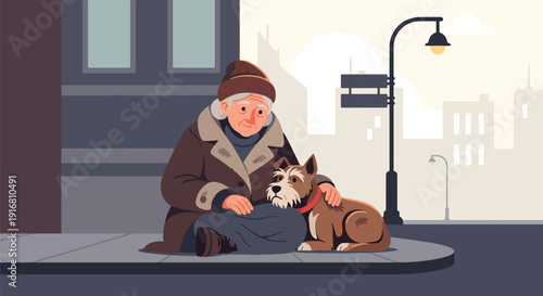 Modern vector illustration of homeless woman sitting on sidewalk with loyal dog companion, poverty survival and emotional support concept highlighting social awareness and hardship