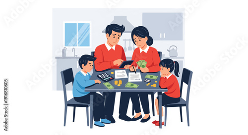 Modern vector illustration of low income family calculating expenses and bills at small kitchen table, financial stress and household poverty concept highlighting economic hardship and survival