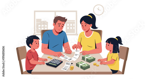Modern vector illustration of low income family calculating expenses and bills at small kitchen table, financial stress and household poverty concept highlighting economic hardship and survival