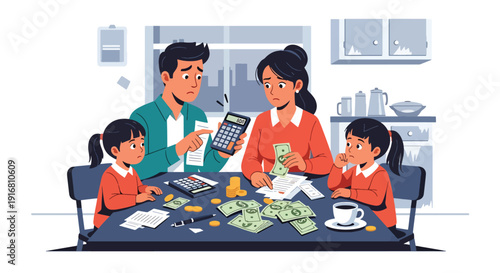 Modern vector illustration of low income family calculating expenses and bills at small kitchen table, financial stress and household poverty concept highlighting economic hardship and survival