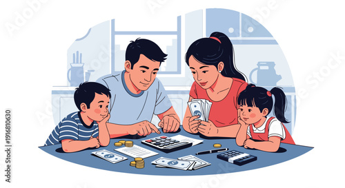 Modern vector illustration of low income family calculating expenses and bills at small kitchen table, financial stress and household poverty concept highlighting economic hardship and survival