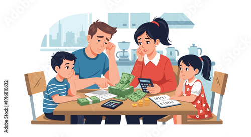 Modern vector illustration of low income family calculating expenses and bills at small kitchen table, financial stress and household poverty concept highlighting economic hardship and survival