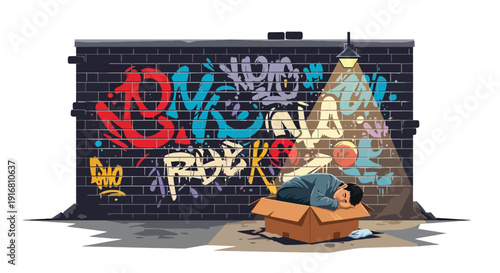 Modern vector illustration of homeless person sleeping inside cardboard shelter in city alley, urban poverty survival and housing crisis concept highlighting hardship and social inequality