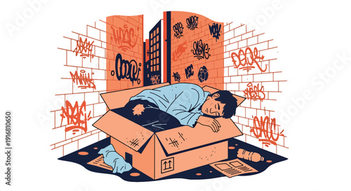 Modern vector illustration of homeless person sleeping inside cardboard shelter in city alley, urban poverty survival and housing crisis concept highlighting hardship and social inequality