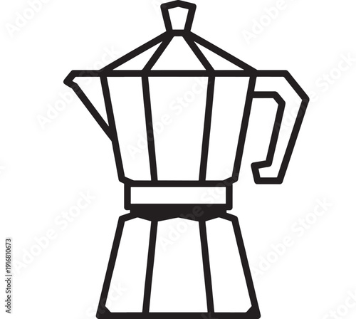 Moka pot icon in bold black outline, classic stovetop espresso maker silhouette for coffee, café menu, kitchen signage, app UI, and packaging design featuring cafe, barista, cookware with appliance