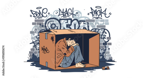 Modern vector illustration of homeless person sleeping inside cardboard shelter in city alley, urban poverty survival and housing crisis concept highlighting hardship and social inequality