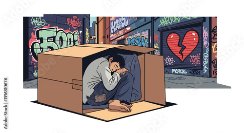 Modern vector illustration of homeless person sleeping inside cardboard shelter in city alley, urban poverty survival and housing crisis concept highlighting hardship and social inequality