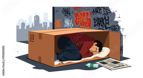 Modern vector illustration of homeless person sleeping inside cardboard shelter in city alley, urban poverty survival and housing crisis concept highlighting hardship and social inequality