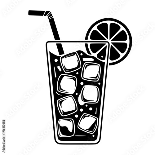 Refreshing drink with ice cubes and lemon slice