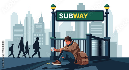 Modern vector illustration of homeless person sitting near subway entrance asking for coins, urban poverty and street survival concept highlighting social inequality and hardship