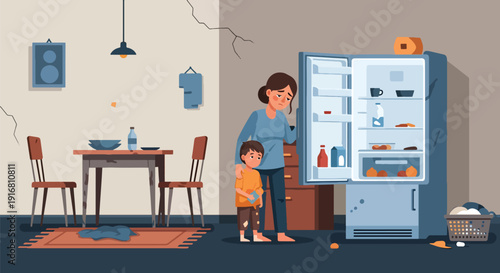 Modern vector illustration of single mother and child looking at empty refrigerator, food insecurity and poverty concept highlighting financial hardship and family struggle lifestyle
