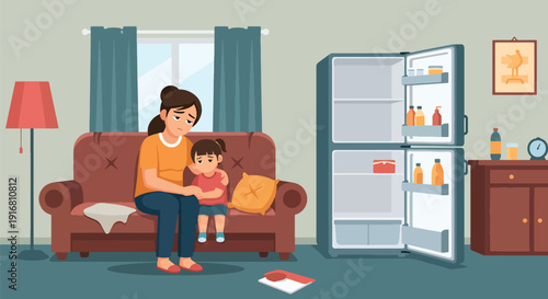 Modern vector illustration of single mother and child looking at empty refrigerator, food insecurity and poverty concept highlighting financial hardship and family struggle lifestyle