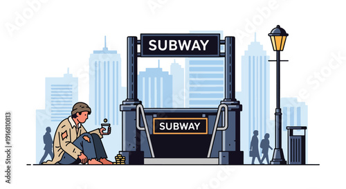 Modern vector illustration of homeless person sitting near subway entrance asking for coins, urban poverty and street survival concept highlighting social inequality and hardship