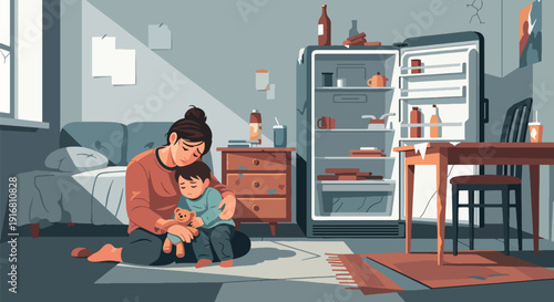 Modern vector illustration of single mother and child looking at empty refrigerator, food insecurity and poverty concept highlighting financial hardship and family struggle lifestyle