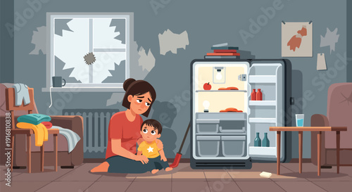Modern vector illustration of single mother and child looking at empty refrigerator, food insecurity and poverty concept highlighting financial hardship and family struggle lifestyle