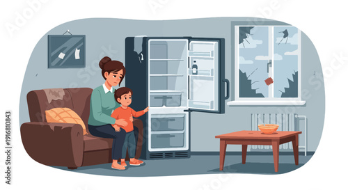 Modern vector illustration of single mother and child looking at empty refrigerator, food insecurity and poverty concept highlighting financial hardship and family struggle lifestyle