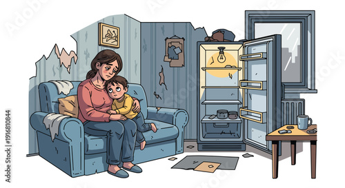 Modern vector illustration of single mother and child looking at empty refrigerator, food insecurity and poverty concept highlighting financial hardship and family struggle lifestyle