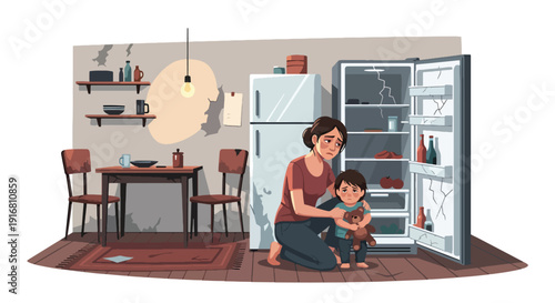 Modern vector illustration of single mother and child looking at empty refrigerator, food insecurity and poverty concept highlighting financial hardship and family struggle lifestyle