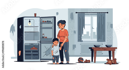 Modern vector illustration of single mother and child looking at empty refrigerator, food insecurity and poverty concept highlighting financial hardship and family struggle lifestyle