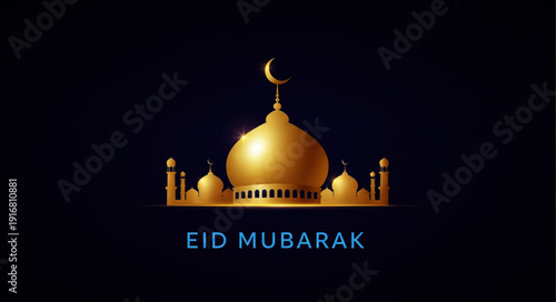 Golden Mosque with Crescent Moon Symbolizing Eid Mubarak Celebrations Islamic Festivities Traditional Islamic Architecture Religious Holiday